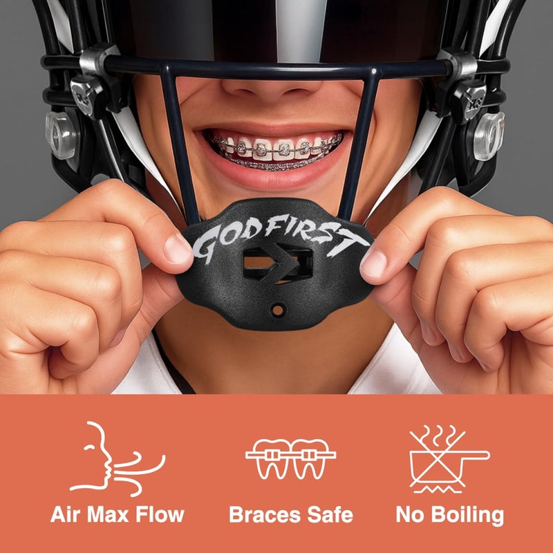 SLEEFS Football Mouth Guard - Youth Mouthguard with Strap - Lip/Teeth Protector Mouthpiece - No Boil - for Youth/Adults, Maximum Air Flow, for All Sports - God First in Black - Image 2